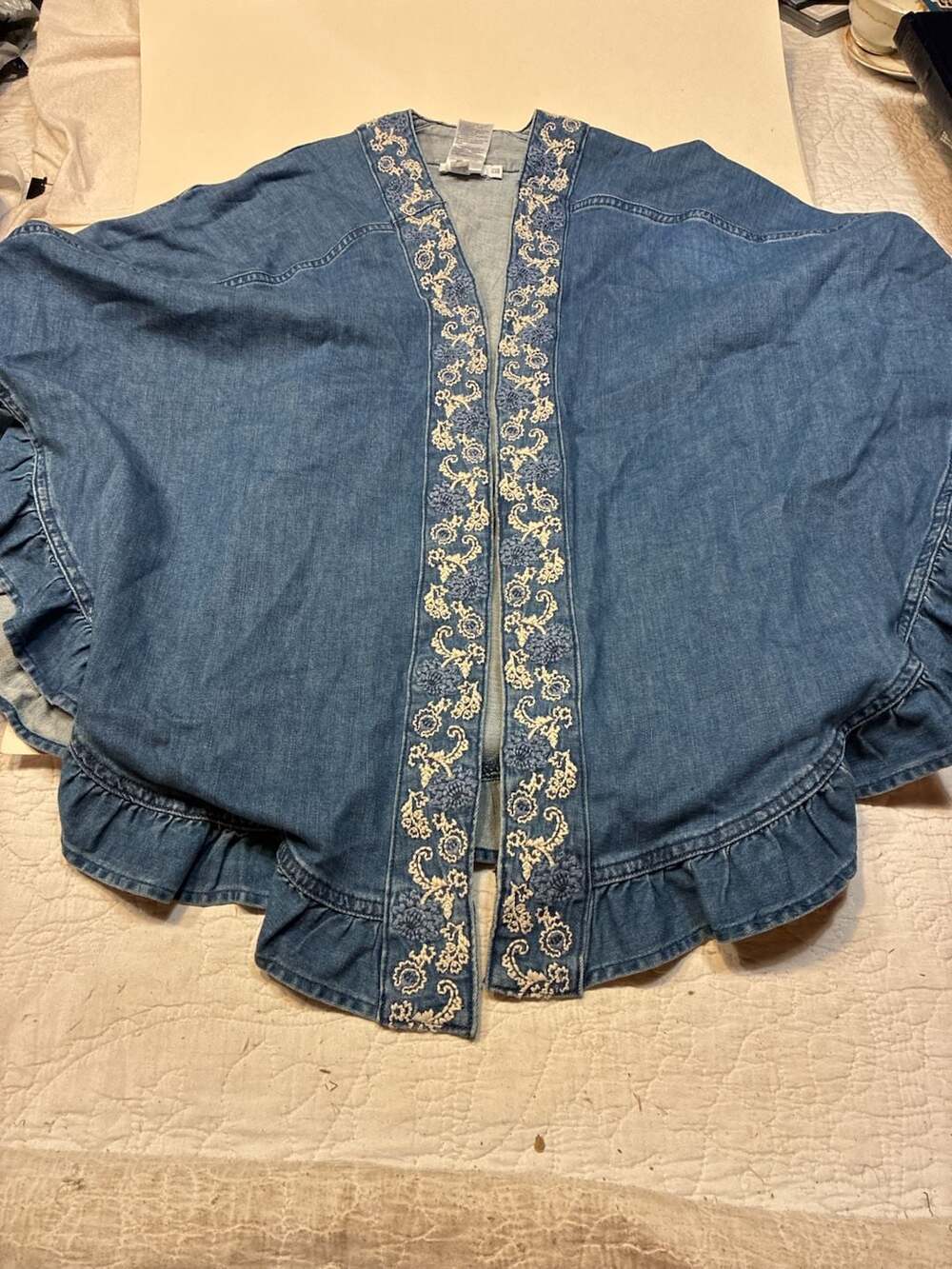Chico's Denim Poncho Cape Size One Size Embroidered Ruffle Trim